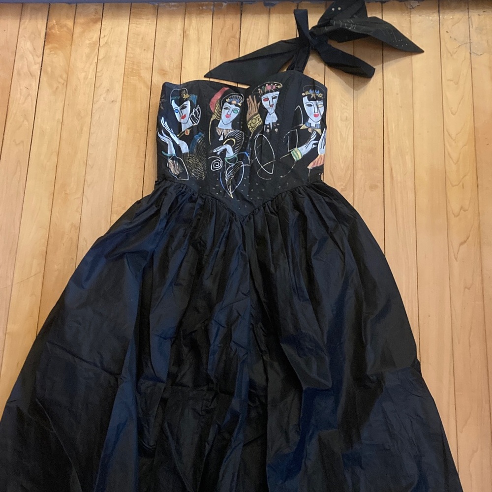 100% Silk Black One Shoulder Dress w/ Hand Painted Detail